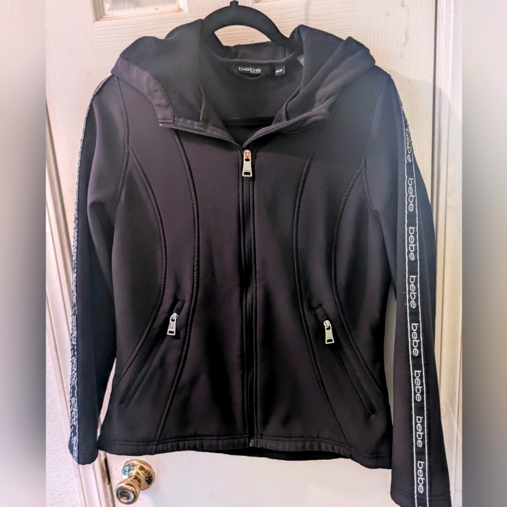 Bebe Black Hooded Jacket with Logo Accents